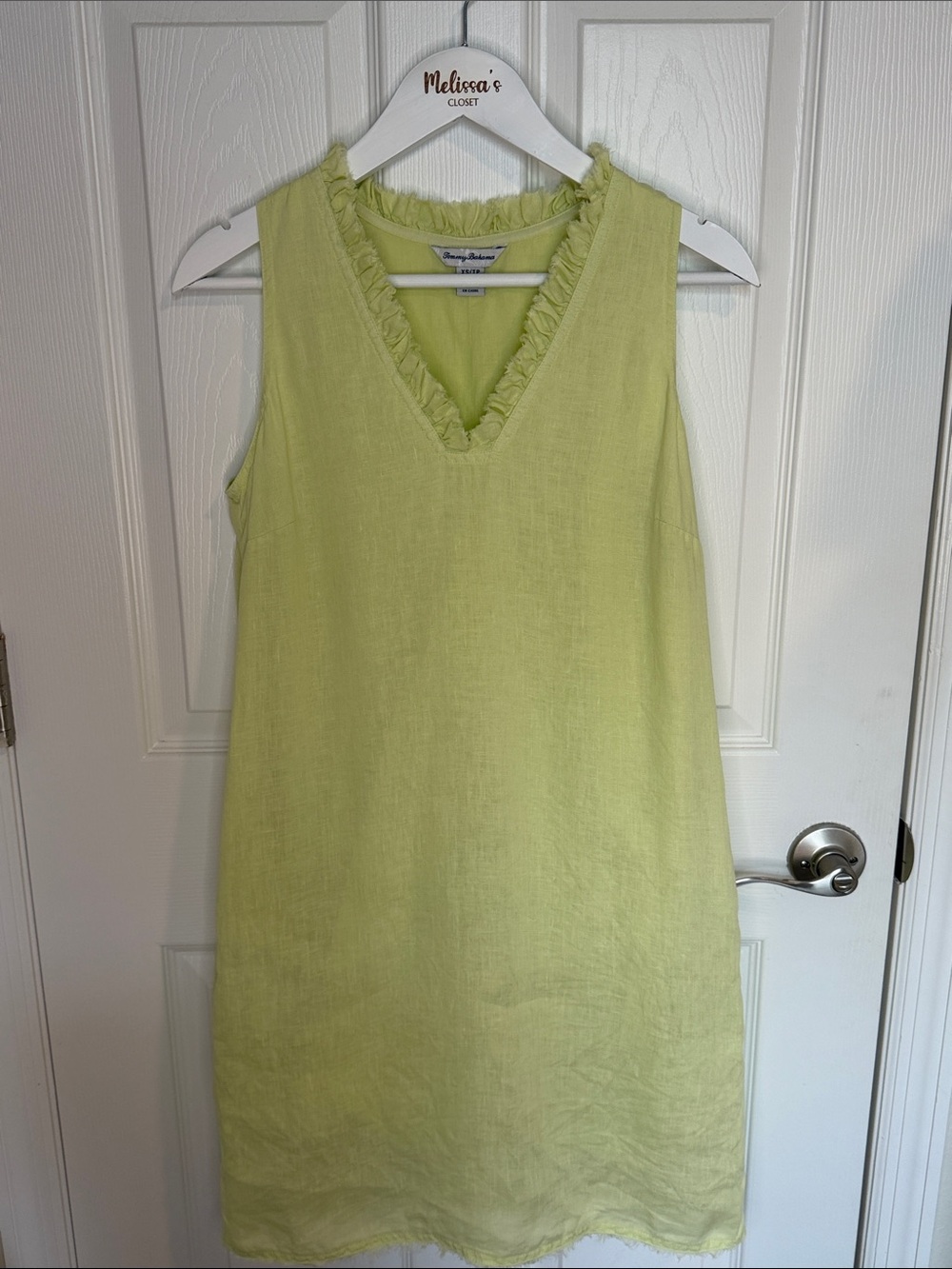 Tommy Bahama 100% Linen Lime Green Sleeveless V-Neck Tunic frayed ruffle trim